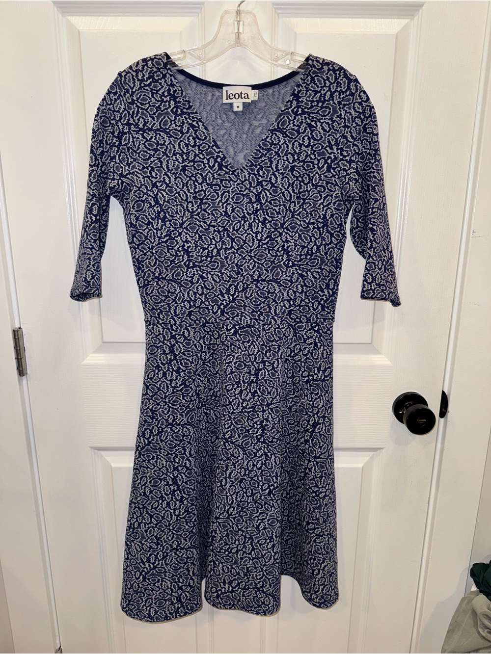 Leota Navy and White V‑Neck Fit & Flare Dress